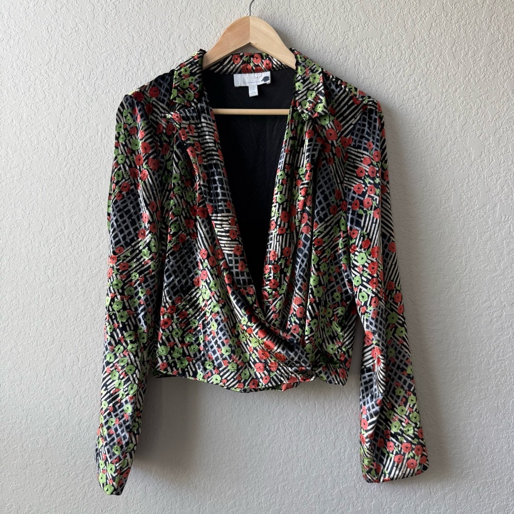 Anthropologie x Ett:Twa Red and Green Patterned Velvet‎ Wrap Blazer